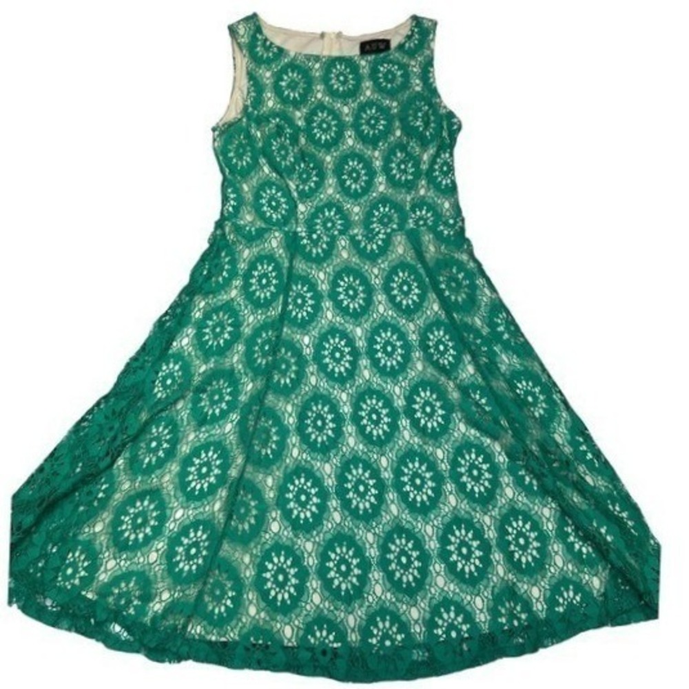 AUW Lace Fit and Flare Dress Womens Small Green Excellent Floral Sleeveless
